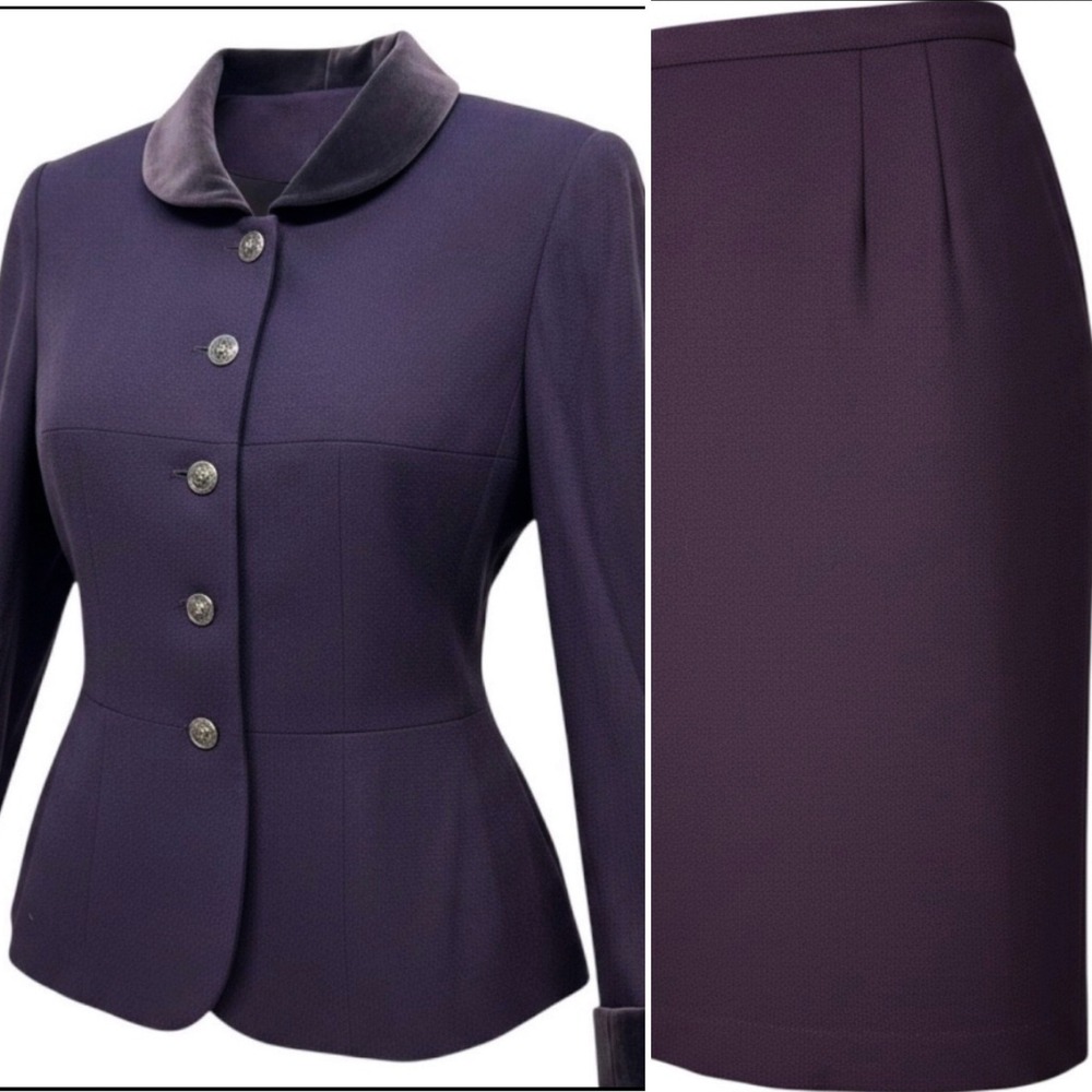 Vintage Kasper ASL Purple Wool Skirt Suit Velvet Collar Silver Crest Buttons